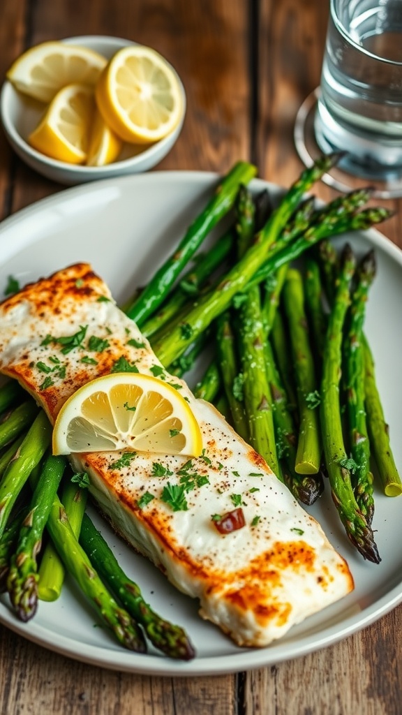 Baked cod fillets with asparagus, garnished with lemon and herbs, on a rustic wooden table.